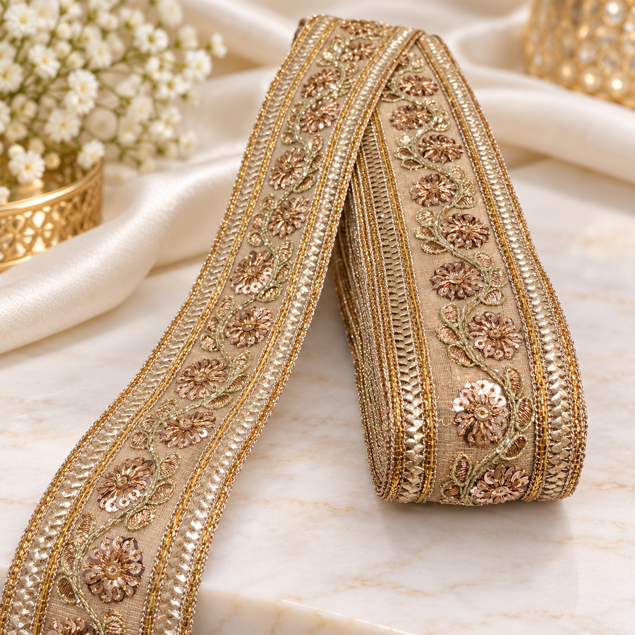 Premium Rose Gold Floral Sequin Embroidered Lace Border for Saree, Blouse, Dupatta, Lehenga & Kurti – Fancy Designer Lace