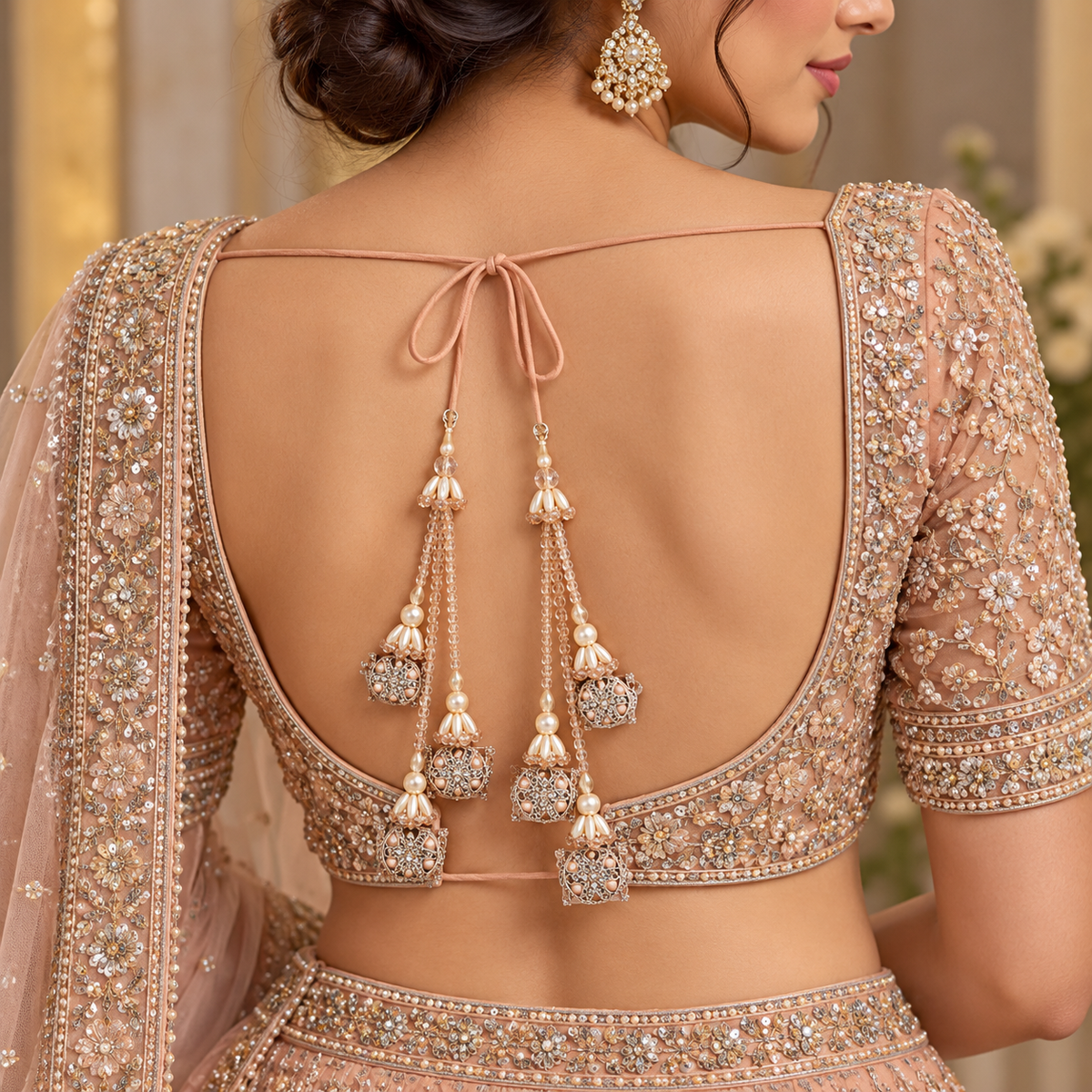 Champagne Peach Pearl & Crystal Designer Latkan for Bridal Blouse & Lehenga Dori | 3 Strand Hanging Jhumka Tassels with Pearl & Stone Work | Pack of 6 Pieces (3 Pairs)