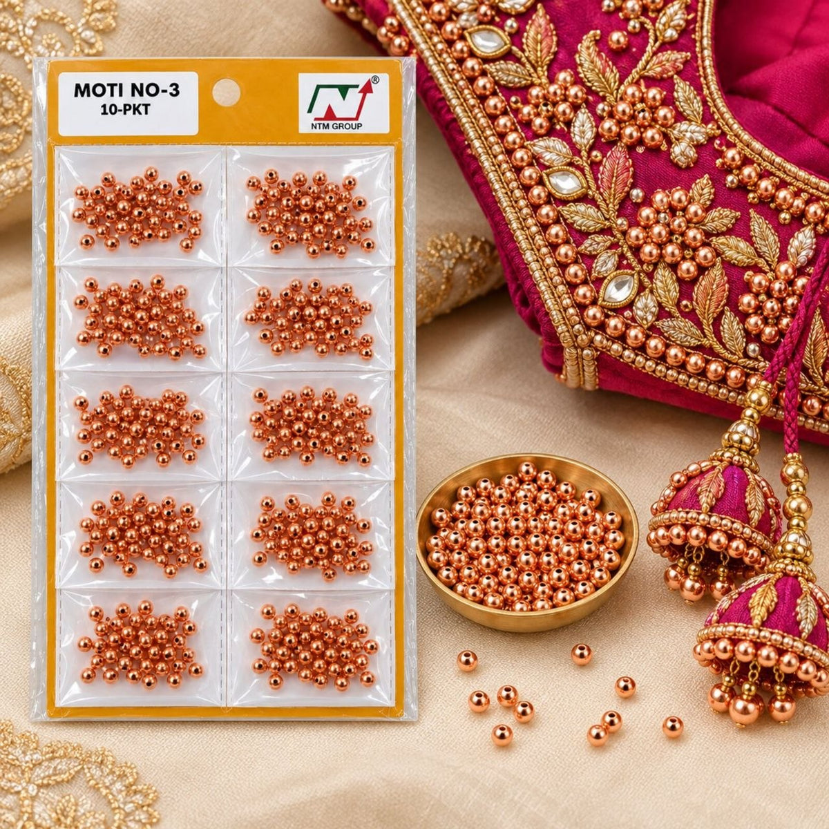 Moti No. 3 Copper Beads for Blouse, Latkan, Embroidery & Craft – Pack of 10 Packets
