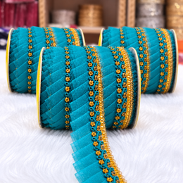 Turquoise Blue & Gold Pleated Frill Lace Border for Saree, Blouse & Dupatta – Pack of 3 Rolls