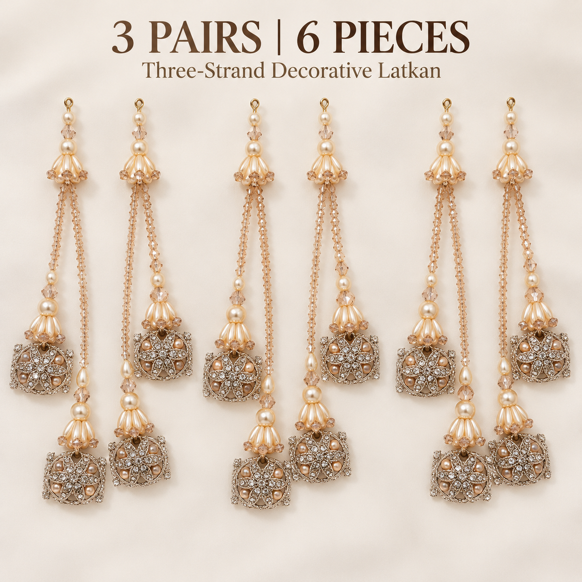 Champagne Peach Pearl & Crystal Designer Latkan for Bridal Blouse & Lehenga Dori | 3 Strand Hanging Jhumka Tassels with Pearl & Stone Work | Pack of 6 Pieces (3 Pairs)