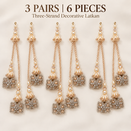 Champagne Peach Pearl & Crystal Designer Latkan for Bridal Blouse & Lehenga Dori | 3 Strand Hanging Jhumka Tassels with Pearl & Stone Work | Pack of 6 Pieces (3 Pairs)