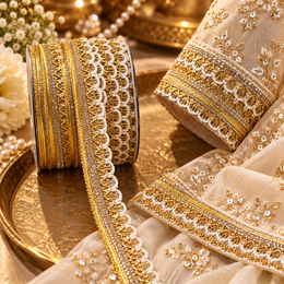 Premium Golden & White Pearl Style Designer Lace Border for Saree, Blouse, Dupatta & Lehenga | Decorative Bridal Lace Trim | Pack of 3 Rolls – 18 Meter