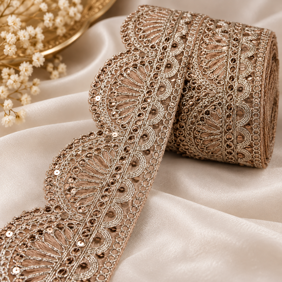 Premium Rose Gold Sequin Embroidered Scallop Lace Border for Saree, Blouse, Dupatta, Lehenga & Kurti – Designer Lace Trim