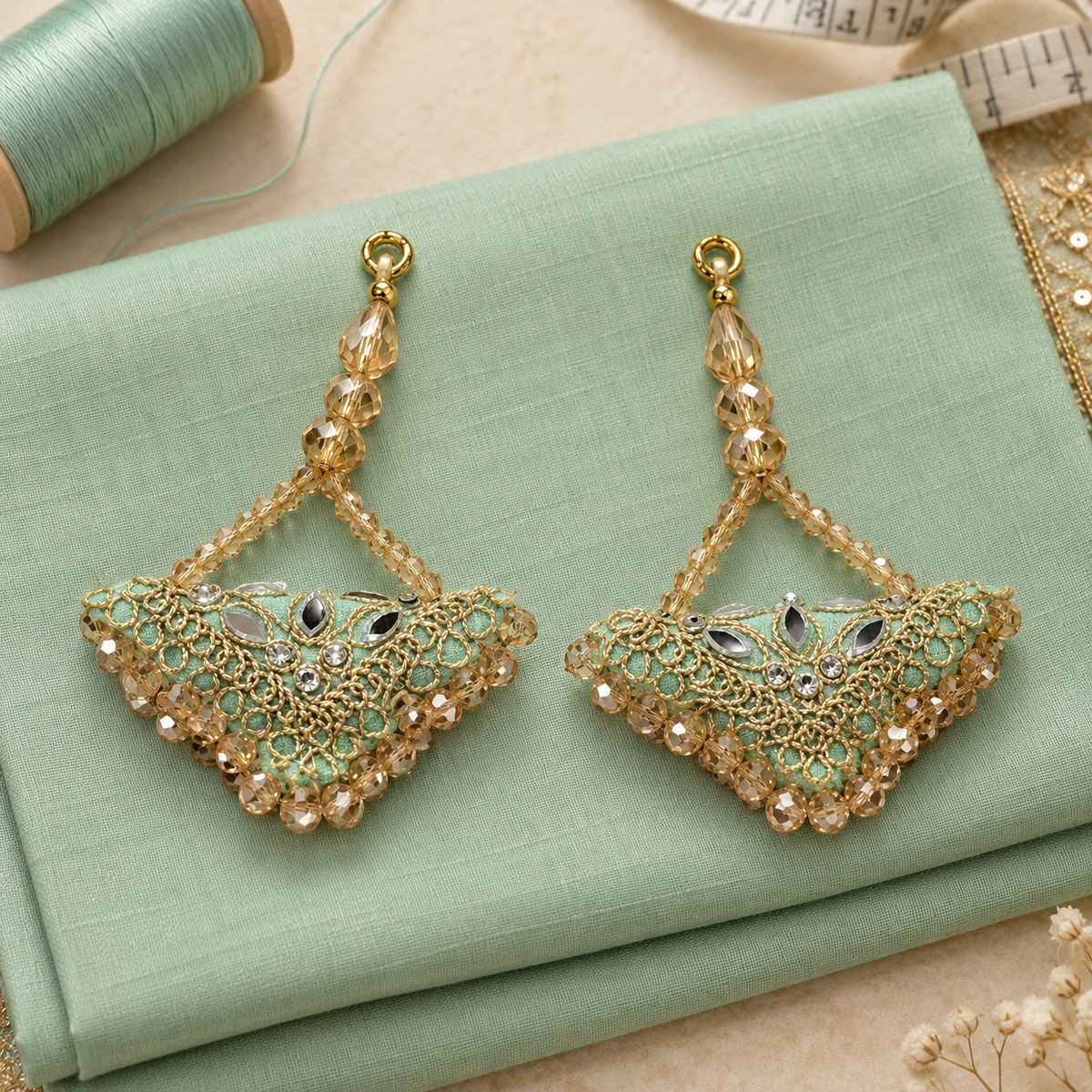 Mint Green & Gold Designer Beaded Latkan for Blouse & Lehenga – 6 Pair (12 Pieces)