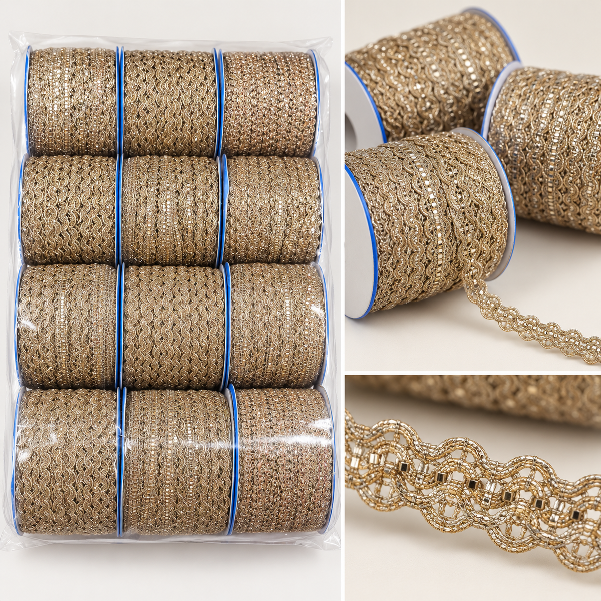 Champagne Gold Assorted Designer Lace Border for Saree, Blouse & Dupatta – 9 Meter Each, Pack of 12