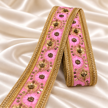 Premium Pink & Gold Floral Embroidery Lace Border with Golden Sequin Work for Saree, Lehenga, Blouse, Dupatta & Bridal Wear – 9 Meter