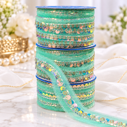 Mint Green Sequin & Bead Work Lace Border for Saree, Blouse & Dupatta – Pack of 3 Rolls, 9 Meters Each