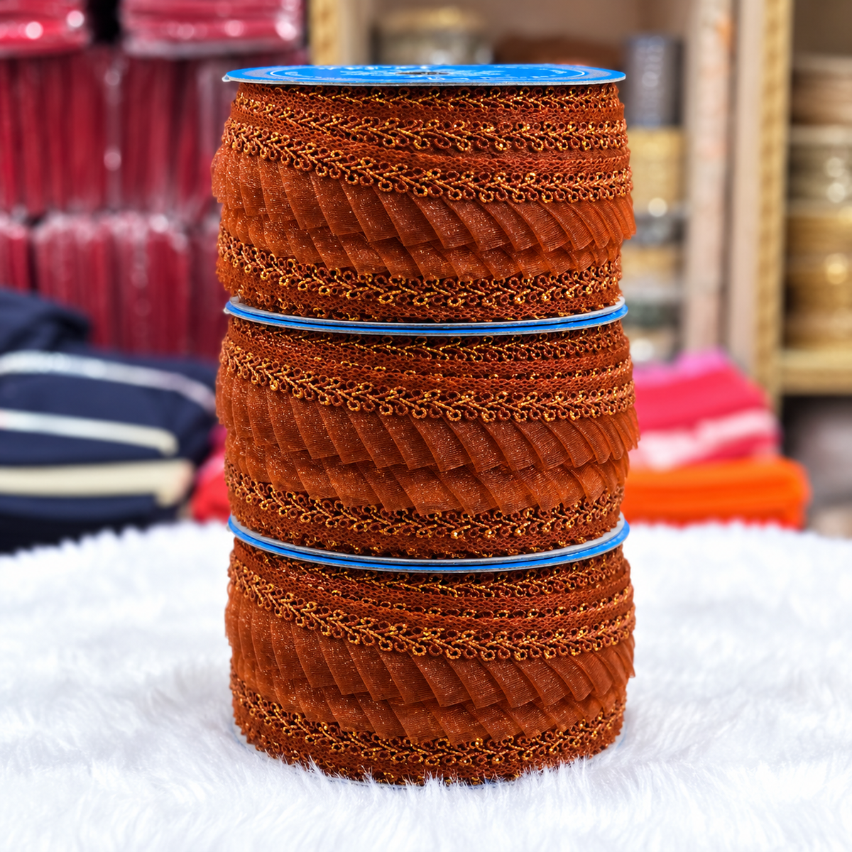 Rust Brown Pleated Frill Lace Border with Golden Detailing for Saree, Blouse & Dupatta – Pack of 3 Rolls