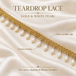 Premium Gold & White Pearl Teardrop Hanging Lace Border – 9 Meter | Designer Pearl Latkan Lace for Saree, Blouse, Dupatta & Lehenga
