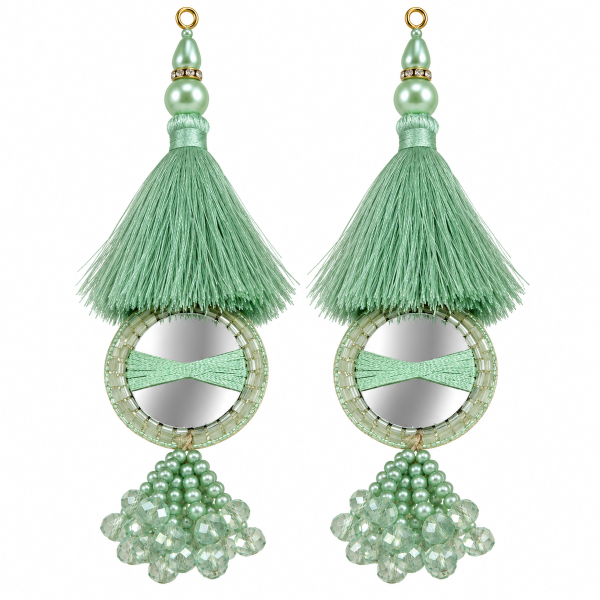 Pista Green Mirror Work Designer Latkan for Blouse & Lehenga Dori | Mint Green Silk Thread Tassel with Round Mirror, Pearl & Crystal Bead Hanging | Pack of 12 Pieces (6 Pairs)