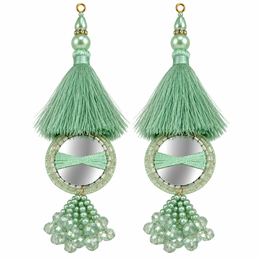 Pista Green Mirror Work Designer Latkan for Blouse & Lehenga Dori | Mint Green Silk Thread Tassel with Round Mirror, Pearl & Crystal Bead Hanging | Pack of 12 Pieces (6 Pairs)