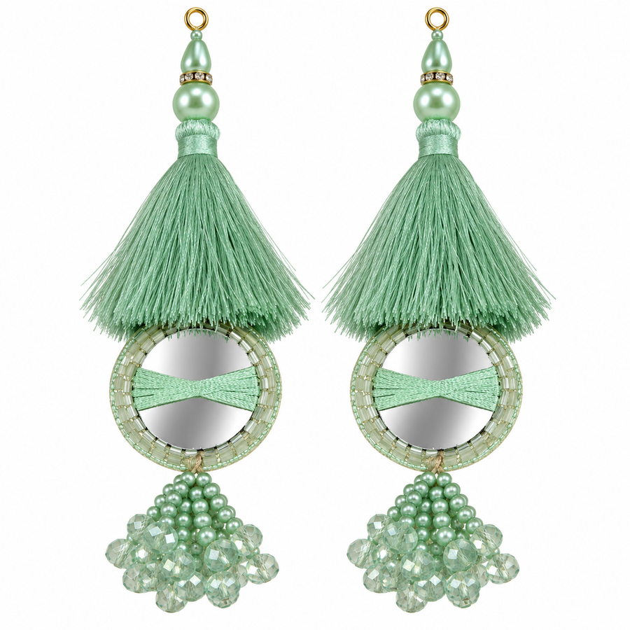 Pista Green Mirror Work Designer Latkan for Blouse & Lehenga Dori | Mint Green Silk Thread Tassel with Round Mirror, Pearl & Crystal Bead Hanging | Pack of 12 Pieces (6 Pairs)