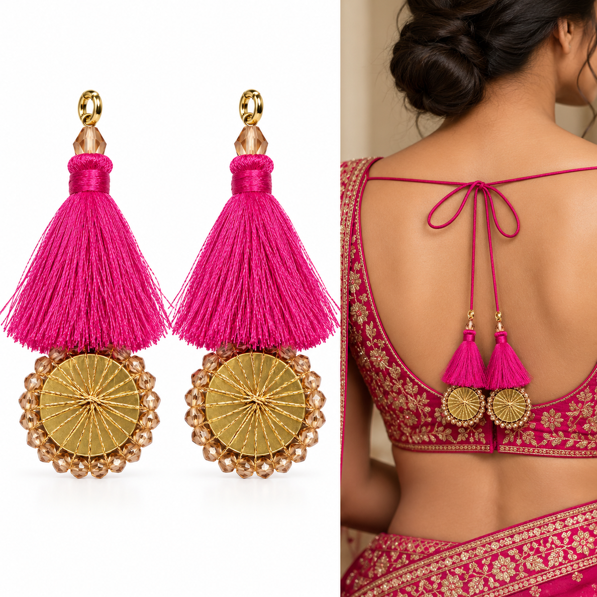 Rani Pink Thread Tassel Latkan with Golden Round Beaded Design for Blouse & Lehenga – 6 Pairs (12 Pieces)