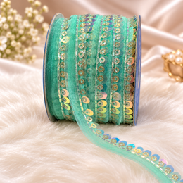 Mint Green Sequin & Bead Work Lace Border for Saree, Blouse & Dupatta – Pack of 3 Rolls, 9 Meters Each