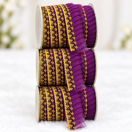 Purple & Gold Pleated Frill Lace Border for Saree, Blouse & Dupatta – Pack of 3 Rolls