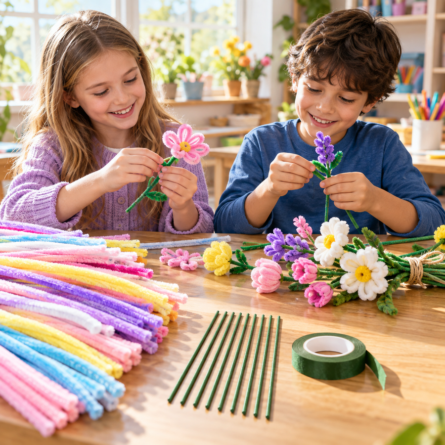 200 Pcs Multicolor Pipe Cleaners with 10 Stem Sticks & 1 Floral Tape Roll – DIY Flower Making Craft Kit