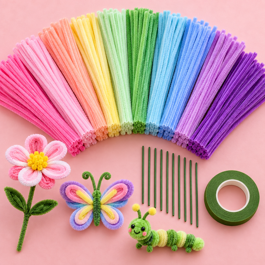 200 Pcs Multicolor Pipe Cleaners with 10 Stem Sticks & 1 Floral Tape Roll – DIY Flower Making Craft Kit