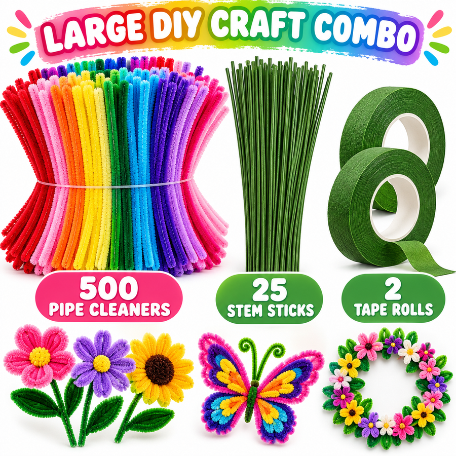 500 Pipe Cleaners Craft Combo with 25 Stem Sticks & 2 Floral Tape Rolls | DIY Flower Making & Craft Kit