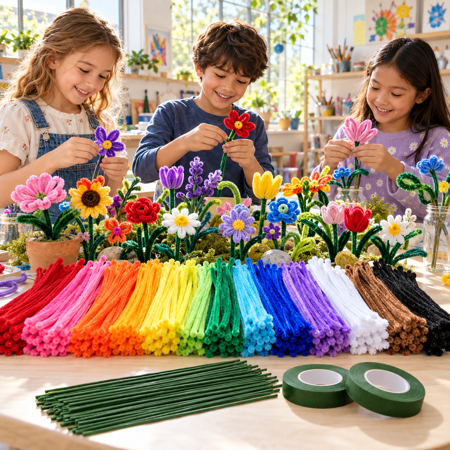 500 Pipe Cleaners Craft Combo with 25 Stem Sticks & 2 Floral Tape Rolls | DIY Flower Making & Craft Kit