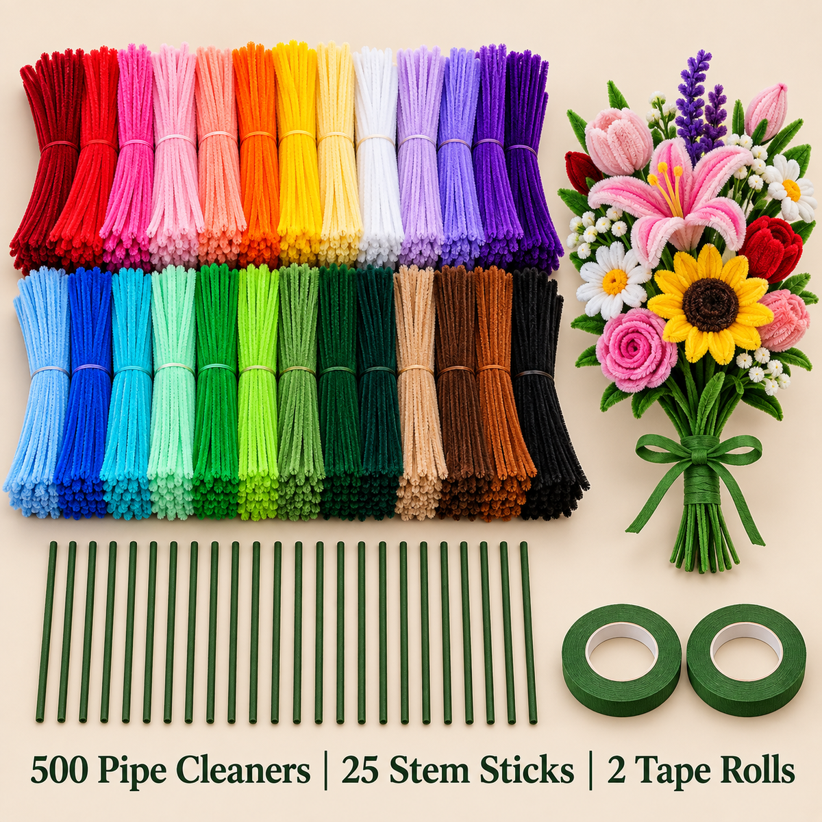 500 Pipe Cleaners Craft Combo with 25 Stem Sticks & 2 Floral Tape Rolls | DIY Flower Making & Craft Kit
