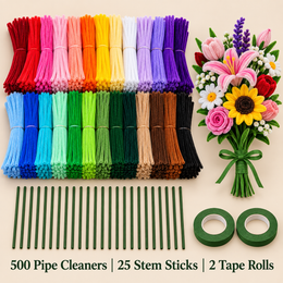 500 Pipe Cleaners Craft Combo with 25 Stem Sticks & 2 Floral Tape Rolls | DIY Flower Making & Craft Kit