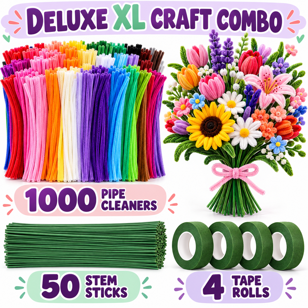 1000 Pipe Cleaners Craft Combo with 50 Stem Sticks & 4 Floral Tape Rolls | Large DIY Flower Making Kit