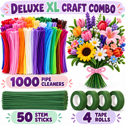 1000 Pipe Cleaners Craft Combo with 50 Stem Sticks & 4 Floral Tape Rolls | Large DIY Flower Making Kit