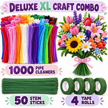 1000 Pipe Cleaners Craft Combo with 50 Stem Sticks & 4 Floral Tape Rolls | Large DIY Flower Making Kit