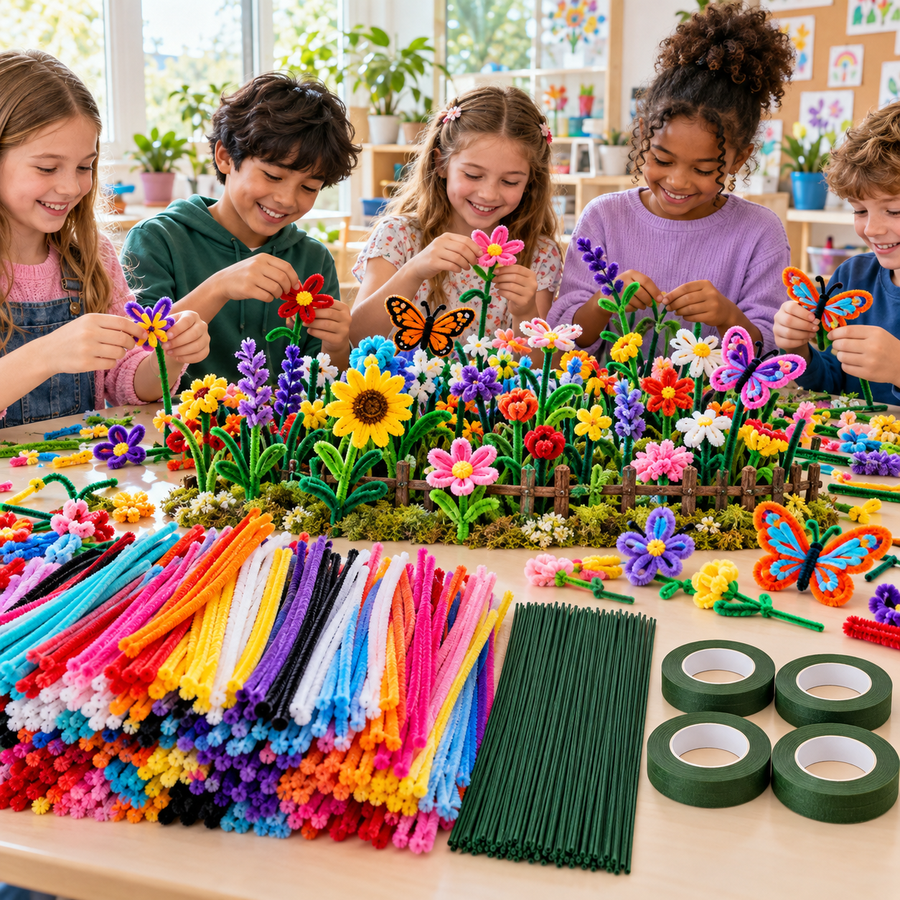 1000 Pipe Cleaners Craft Combo with 50 Stem Sticks & 4 Floral Tape Rolls | Large DIY Flower Making Kit
