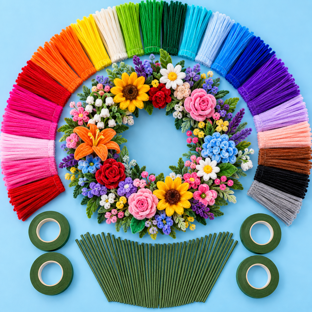 1000 Pipe Cleaners Craft Combo with 50 Stem Sticks & 4 Floral Tape Rolls | Large DIY Flower Making Kit