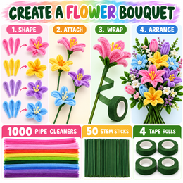 1000 Pipe Cleaners Craft Combo with 50 Stem Sticks & 4 Floral Tape Rolls | Large DIY Flower Making Kit