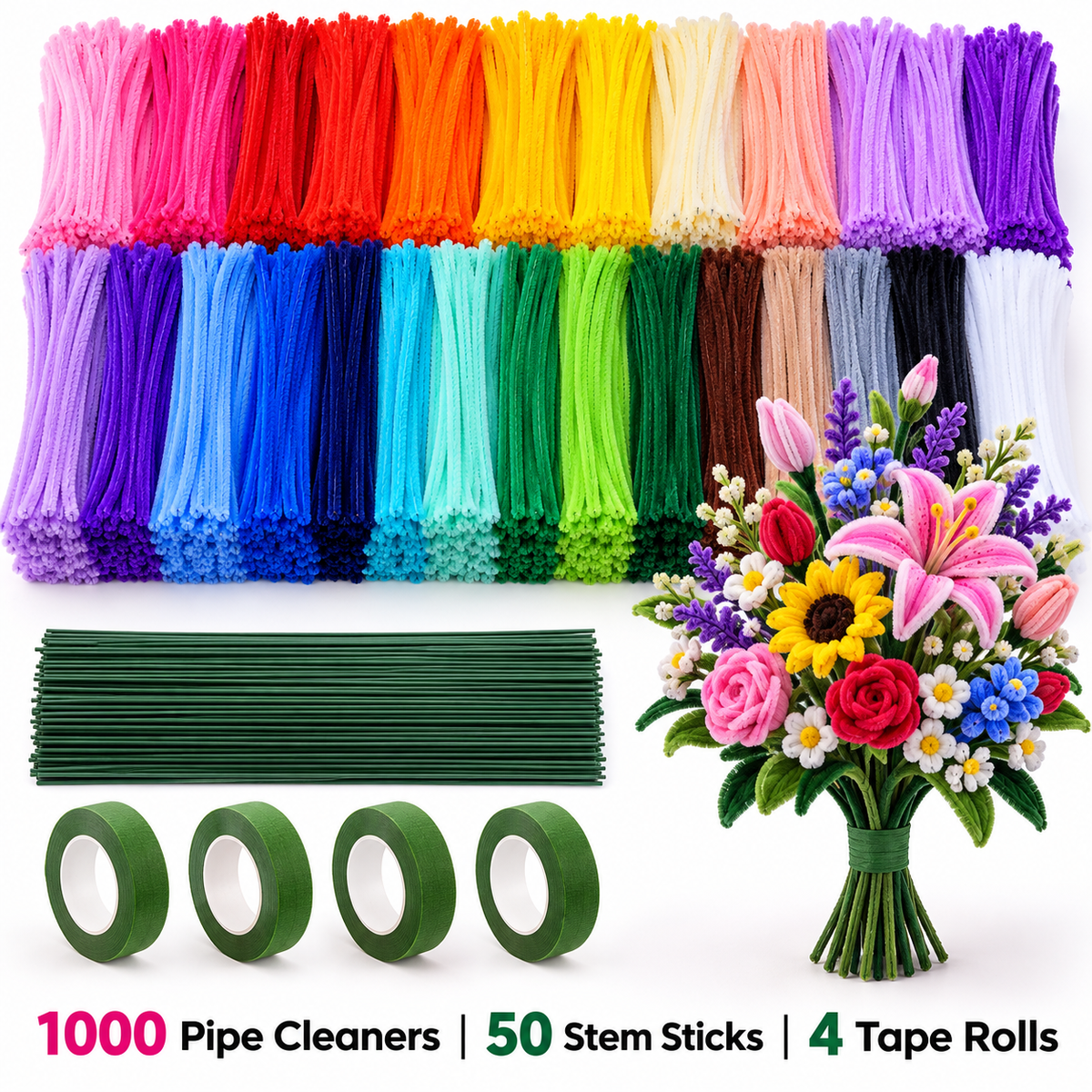 1000 Pipe Cleaners Craft Combo with 50 Stem Sticks & 4 Floral Tape Rolls | Large DIY Flower Making Kit