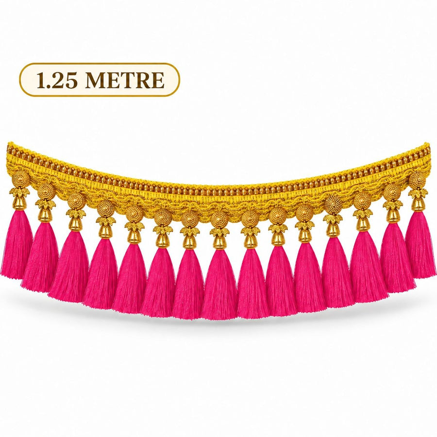 Premium Golden Saree Pallu Latkan Lace with Rani Pink Tassels – 1.25 Metre Designer Decorative Border