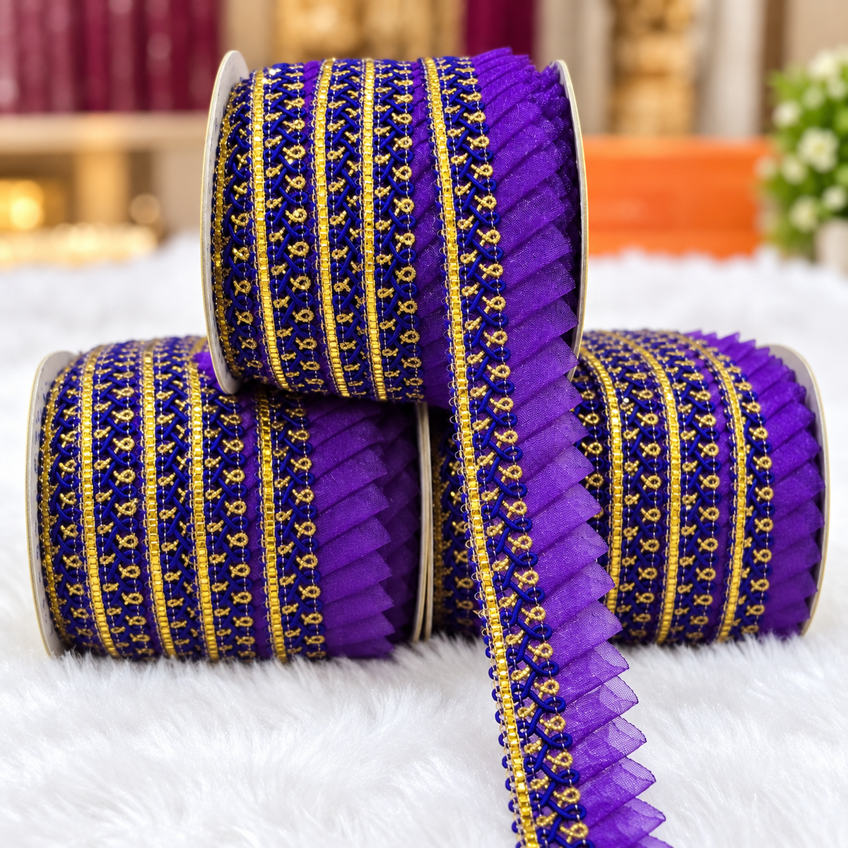 Violet Purple Frill Lace Border with Royal Blue & Gold Detailing for Saree, Blouse & Dupatta – Pack of 3 Rolls