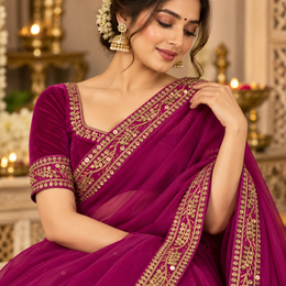 Premium Rani Pink Velvet Lace Border with Golden Sequin & Vine Embroidery Work for Saree, Blouse, Lehenga, Dupatta & Kurti