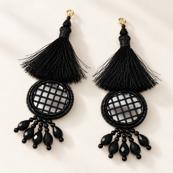 Jet Black Thread Tassel Mirror Latkan with Hanging Beads for Blouse & Lehenga – 6 Pairs (12 Pieces)