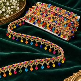 Premium Multicolour Crystal Beaded Hanging Lace Border – 9 Meter | Rainbow Designer Fringe Lace for Saree, Dupatta, Blouse & Lehenga