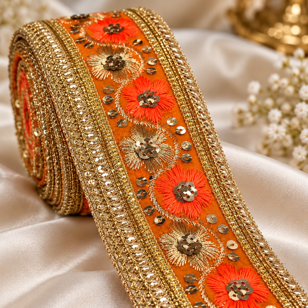 Premium Orange & Gold Floral Embroidery Lace Border with Golden Sequin Work for Saree, Lehenga, Blouse, Dupatta & Bridal Wear – 9 Meter