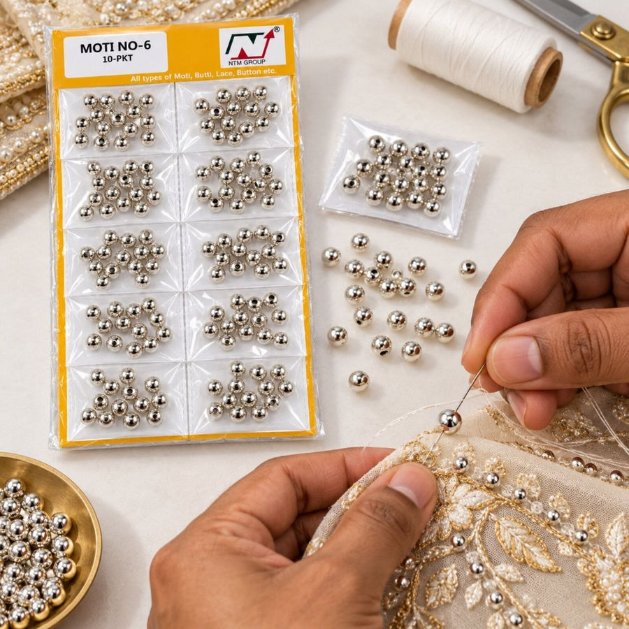 Moti No. 6 Silver Beads for Blouse, Saree, Lehenga & Embroidery – Pack of 10 Packets