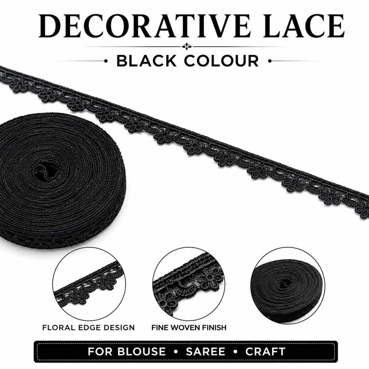Black Decorative Floral Lace 18 Meter for Blouse, Saree, Kurti, Dress & Craft Work