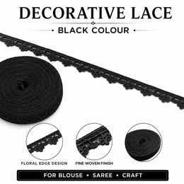 Black Decorative Floral Lace 18 Meter for Blouse, Saree, Kurti, Dress & Craft Work
