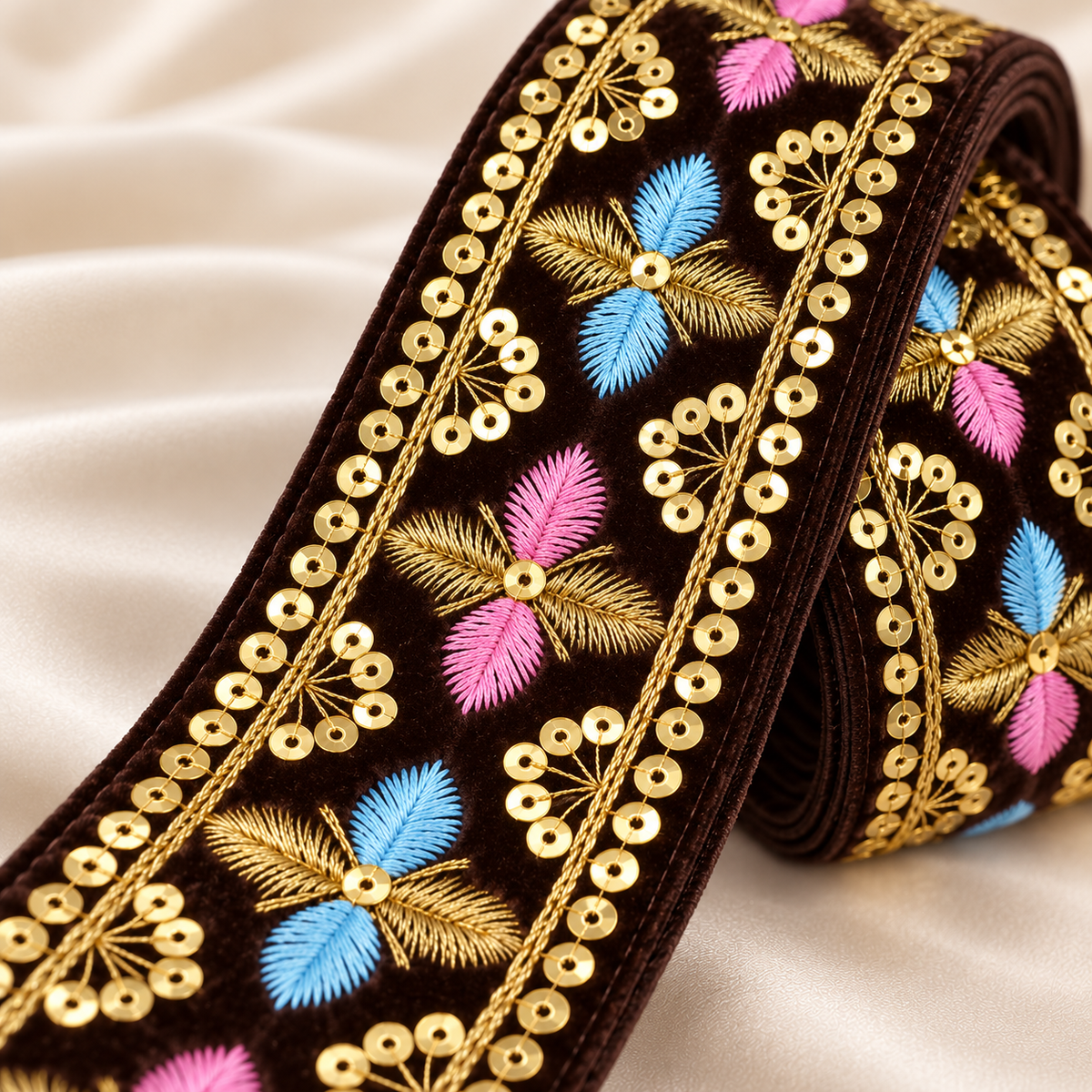 Premium Dark Chocolate Brown Velvet Lace Border with Golden Sequin Work & Pink Blue Floral Embroidery for Saree, Blouse, Lehenga & Dupatta