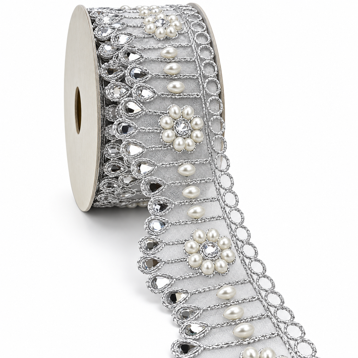 Premium Silver Pearl & Stone Work Floral Net Lace Border for Saree, Blouse, Dupatta & Lehenga