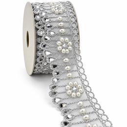 Premium Silver Pearl & Stone Work Floral Net Lace Border for Saree, Blouse, Dupatta & Lehenga