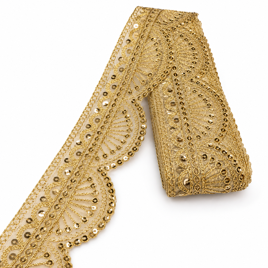 Premium Golden Scalloped Fan Design Zari Embroidered Sequin Lace Border for Saree, Blouse, Dupatta, Lehenga & Kurti – 9 Meter
