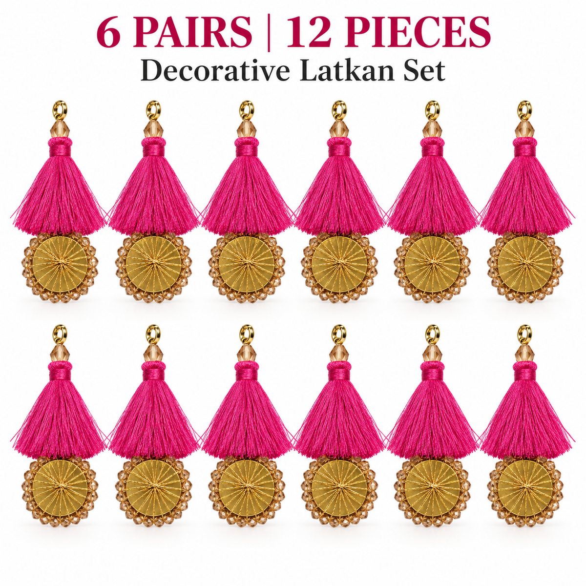 Rani Pink Thread Tassel Latkan with Golden Round Beaded Design for Blouse & Lehenga – 6 Pairs (12 Pieces)