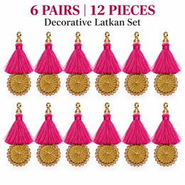 Rani Pink Thread Tassel Latkan with Golden Round Beaded Design for Blouse & Lehenga – 6 Pairs (12 Pieces)