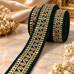Premium Dark Green Velvet Look Golden Zari Embroidered Sequin Lace Border for Saree, Blouse, Dupatta, Lehenga & Kurti – Fancy Floral Designer Lace