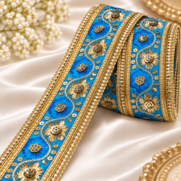 Premium Royal Blue & Gold Floral Embroidery Designer Lace Border with Sequin Work for Saree, Blouse, Lehenga, Dupatta & Bridal Wear – 9 Meter Roll